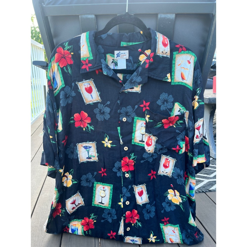 Cherokee Waikiki Wear Mens XL Hawaiian Shirt Navy Tropical Cocktail Rayon